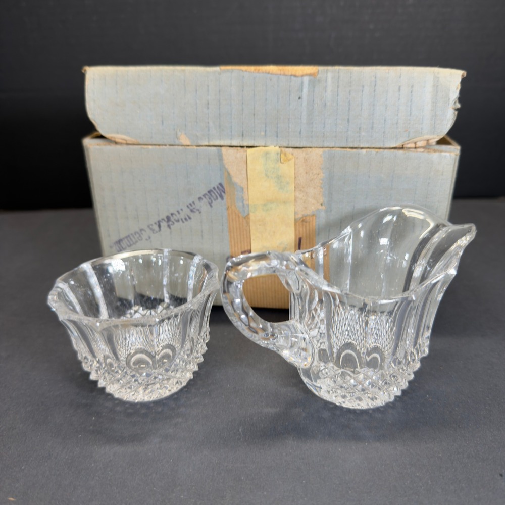 Vintage West Germany Clear Pressed Glass Creamer Sugar Set Original Box